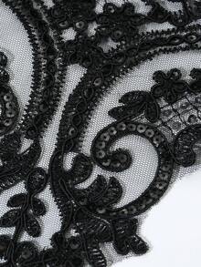 1只女士雙層羽毛&性感鉤針鑲邊無指手套,適用於舞台派對和舞蹈,黑色