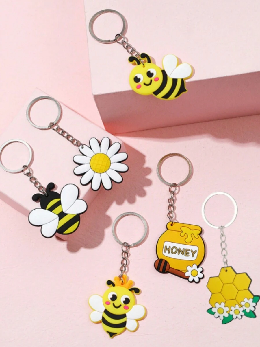 6 件裝蜜蜂和花朵設計卡通包吊墜鑰匙扣,男女通用,節日禮物