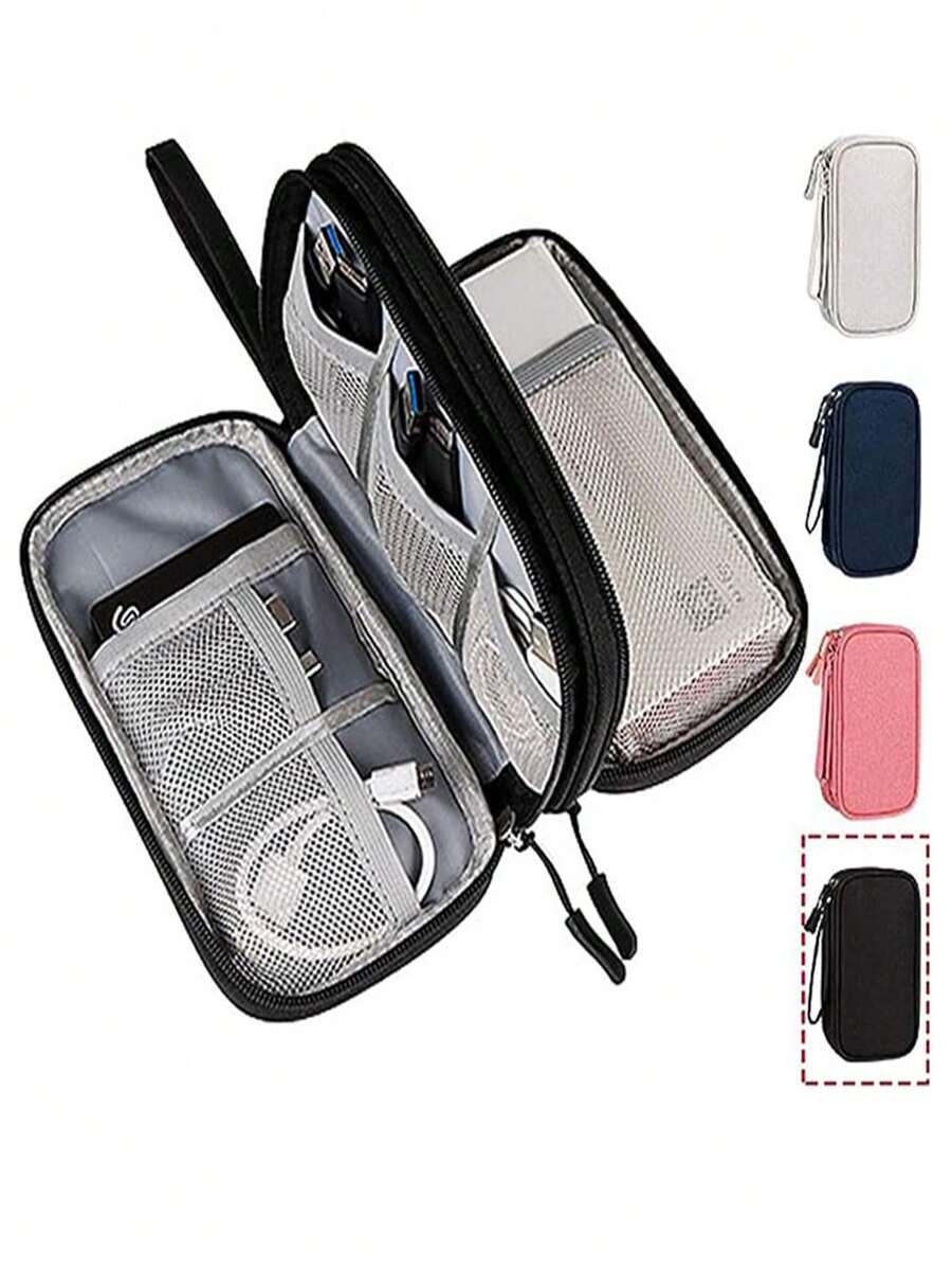1個黑色雙層電子配件收納袋,電子收納袋,旅行通用電纜整理器電子配件袋,適用於電纜、充電器、手機、sd卡、商務旅行小配件包