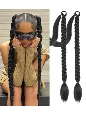2 Extensiones De Cola De Caballo Trenzadas Largas Con Lazo Para El Pelo, Extensiones De Cabello Rectas, Cola De Caballo, Pieza De Pelo Sintético Suave Natural Para Mujeres, Uso Diario, 26 Pulgadas, 30 Pulgadas, 34 Pulgadas, Negro