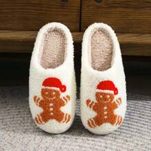 Women's Winter Home Plush Cartoon Gingerbread Man Warm Slippers - Rust Brown - View 6