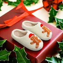 Women's Winter Home Plush Cartoon Gingerbread Man Warm Slippers - Rust Brown - View 2