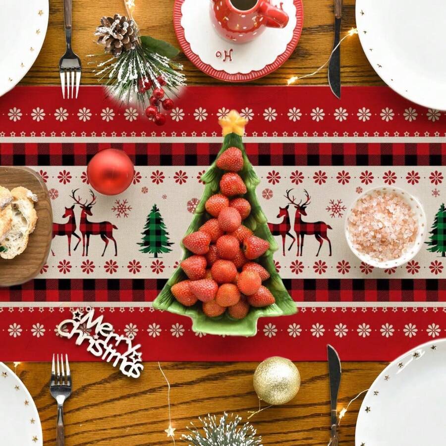 1入組紫檀木馴鹿卡通圖案桌旗,聖誕餐桌裝飾 - 紅白色 - 查看 1