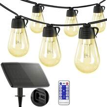 Tira de luces solares de 116 pies para exteriores, impermeable, con control remoto y puerto USB, 53 bombillas Edison para exteriores, alimentadas por energía solar, luces solares regulables para exteriores, patio, jardín, porche, balcón - Blanco - Ver 2