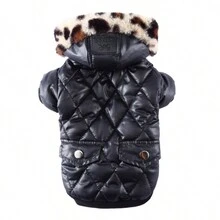 1pc Autumn Winter Thickened Pet Coat With Leopard Print Hat For Warmth - Black - View 1