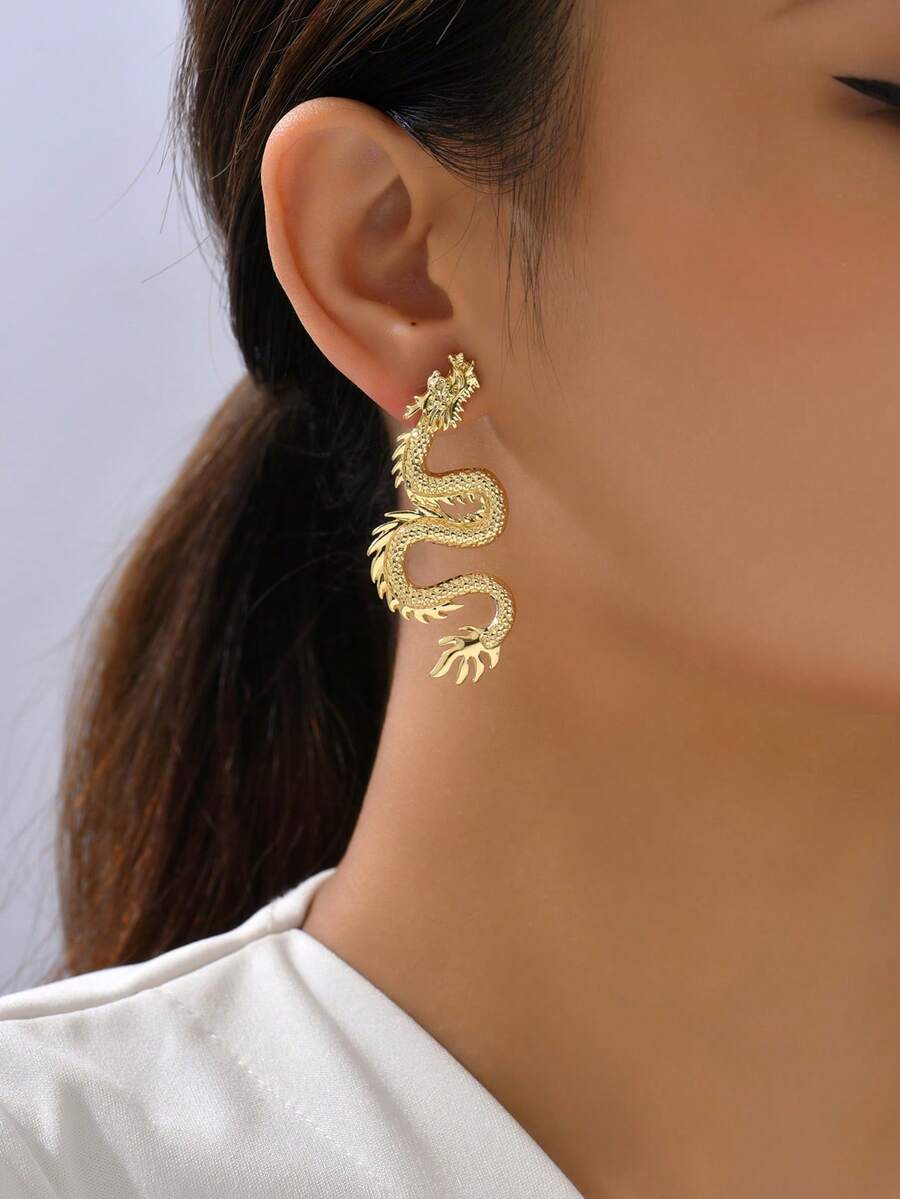 1對金色簡約龍年耳環,新年長款吊墜耳環,派對和節日配件,是女友的理想禮物