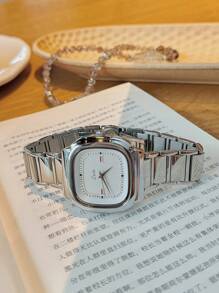 1只銀色方錶盤時尚個性運動極簡 Ins 款錶,不銹鋼錶帶和防水設計,男女日常佩戴、派對和戶外活動的首選手鐲飾品 - 銀色 - 查看 4