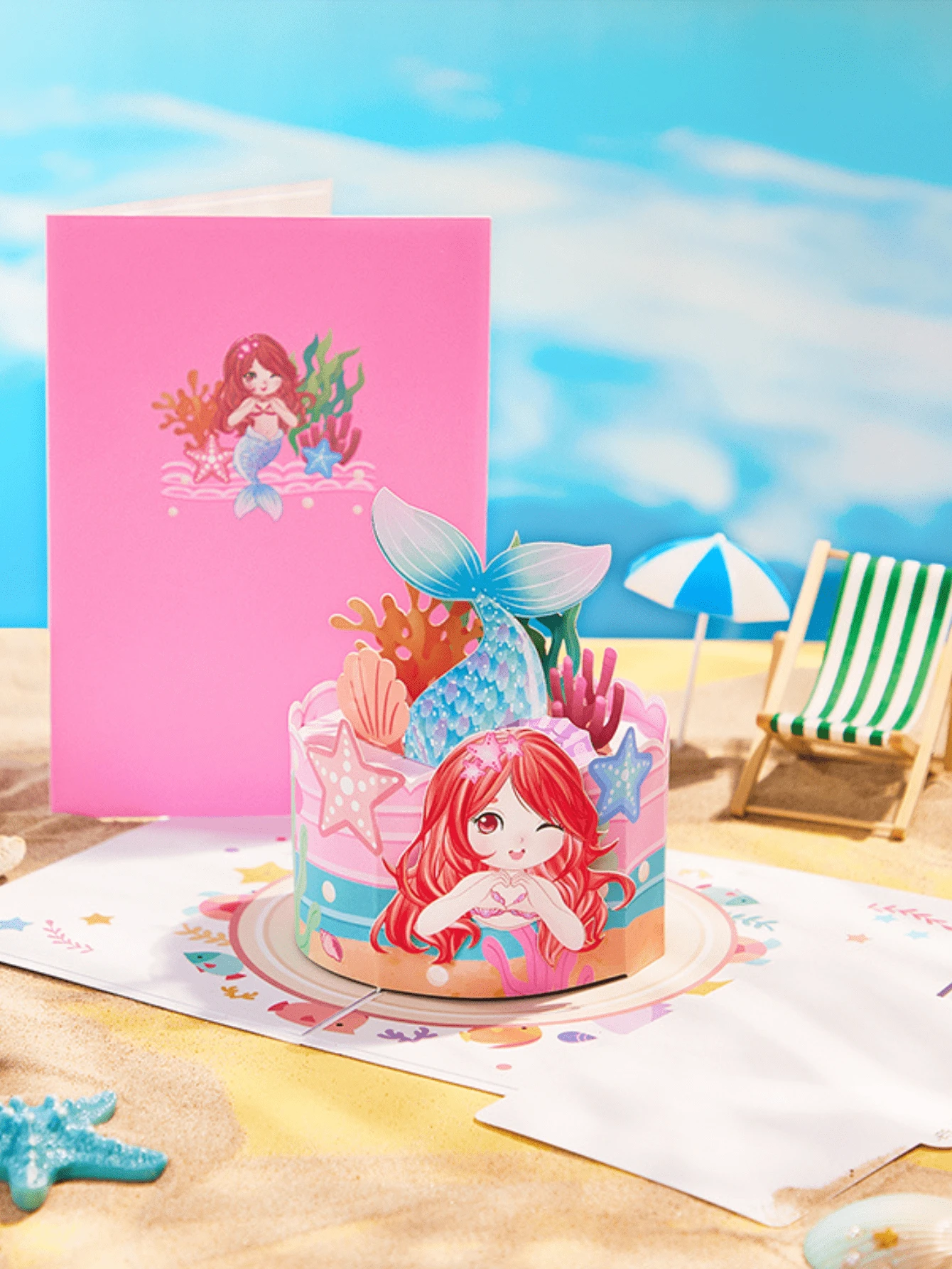 1pc  Birthday Cake PopGreeting Gard, Mermaid Pattern Greeting Card, Mermaid Pattern Birthday Card, Birthday Gift For Girls, Birthday Card For Girls, Birthday Cake Pattern Pop Up Card - Multicolor - View 1