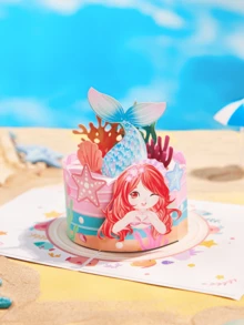 1pc  Birthday Cake PopGreeting Gard, Mermaid Pattern Greeting Card, Mermaid Pattern Birthday Card, Birthday Gift For Girls, Birthday Card For Girls, Birthday Cake Pattern Pop Up Card - Multicolor - View 3