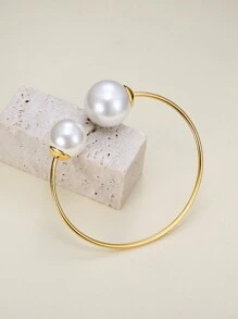 1 pieza Pulsera de acero inoxidable estilo Ins para mujer, diseño de doble perla de perla falsa, brazalete abierto, accesorio de regalo para boda, fiesta de noche y cumpleaños - Blanco - Ver 2