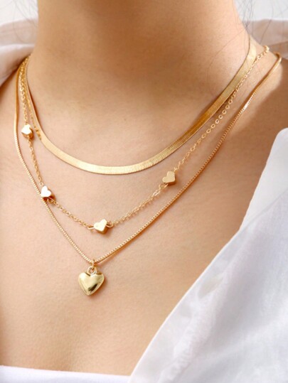 3pcs/Set Women's Heart Shaped Pendant Necklace, Unique Design, Multi-Layer, Collarbone Chain, Luxurious Snake Bone Chain Valentines