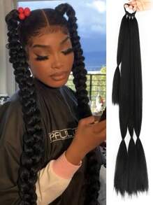 2顶长款编织马尾假发，带发圈，圆形直发合成假发，自然柔软，适合女性日常佩戴，26英寸、30英寸、34英寸，黑色 - 黑色 - 查看 4