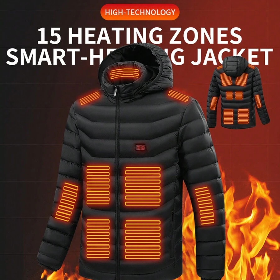 1pc 's Heated Jacket For Winter Outdoor Activities, With Usb Cable (Power Bank Not Included), 15 Heating Zones Controlled By Dual Switches Gym Clothes Men - Black - View 1