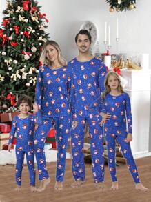 2pcs/Set Girls Christmas Family Matching Snug Fit Pajamas Santa Claus Print Long Sleeve Top And Pants, Comfortable Loungewear Set