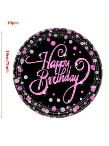 玫瑰紅色一次性派對餐具,金點一次性生日派對餐具 - 黑色紙盤、餐巾紙、杯子 - 玫紅色 - 查看 4