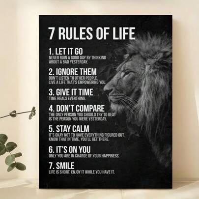 1pc Canvas Art Print Without Frame, Retro Style Inspirational Quote With 7 Rules For Life And A Black-And-White Picture Of A Lion As An Ideal Gift For Bedroom Wall Decor,Wall Art,Poster
