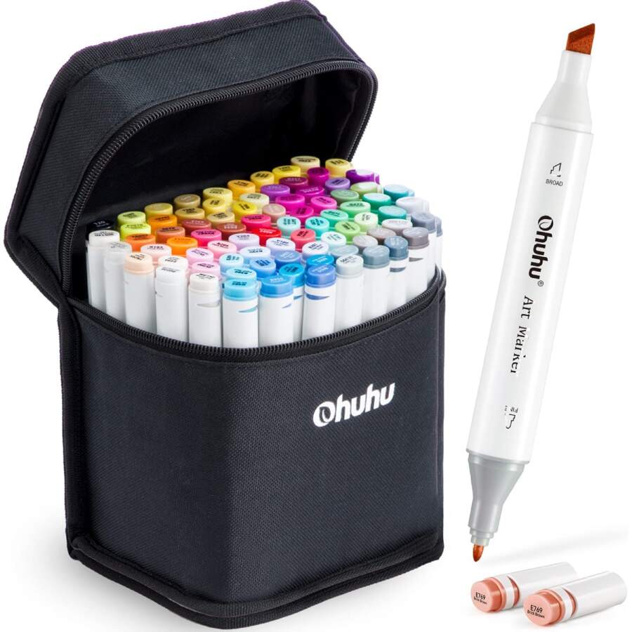 Ohuhu Markers for Artist - Dual Tip Art Marker Set for Adults' Coloring Sketching Illustration - Chisel & Fine - 80 Colors + 1 Colorless Blender - Oahu Series of Ohuhu Markers - 彩色 - 查看 1