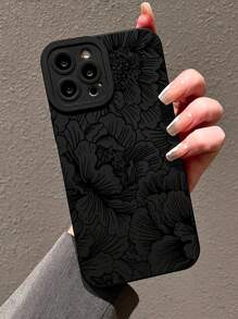 1 pieza Funda protectora de TPU para teléfono con patrón floral pintado en negro compatible con iPhone (11/12/13/14/15/15 Pro/15 Plus/15 Pro Max/7 Plus/8 Plus/X/Xs Max/Xr/11 Pro/12 Pro/13 Pro/14 Pro/12 Mini/13 Mini/11 Pro Max/12 Pro Max/13 Pro Max/14 Pro Max/14 Plus/6/6s/6 Plus/7/8/SE) y Samsung Galaxy
