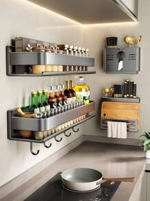 1 件香料架收納架壁掛式、懸掛式灰色香料收納架、農舍調味品收納架、廚房收納架、靈活浴室收納架、家庭廚房配件、烹飪工具