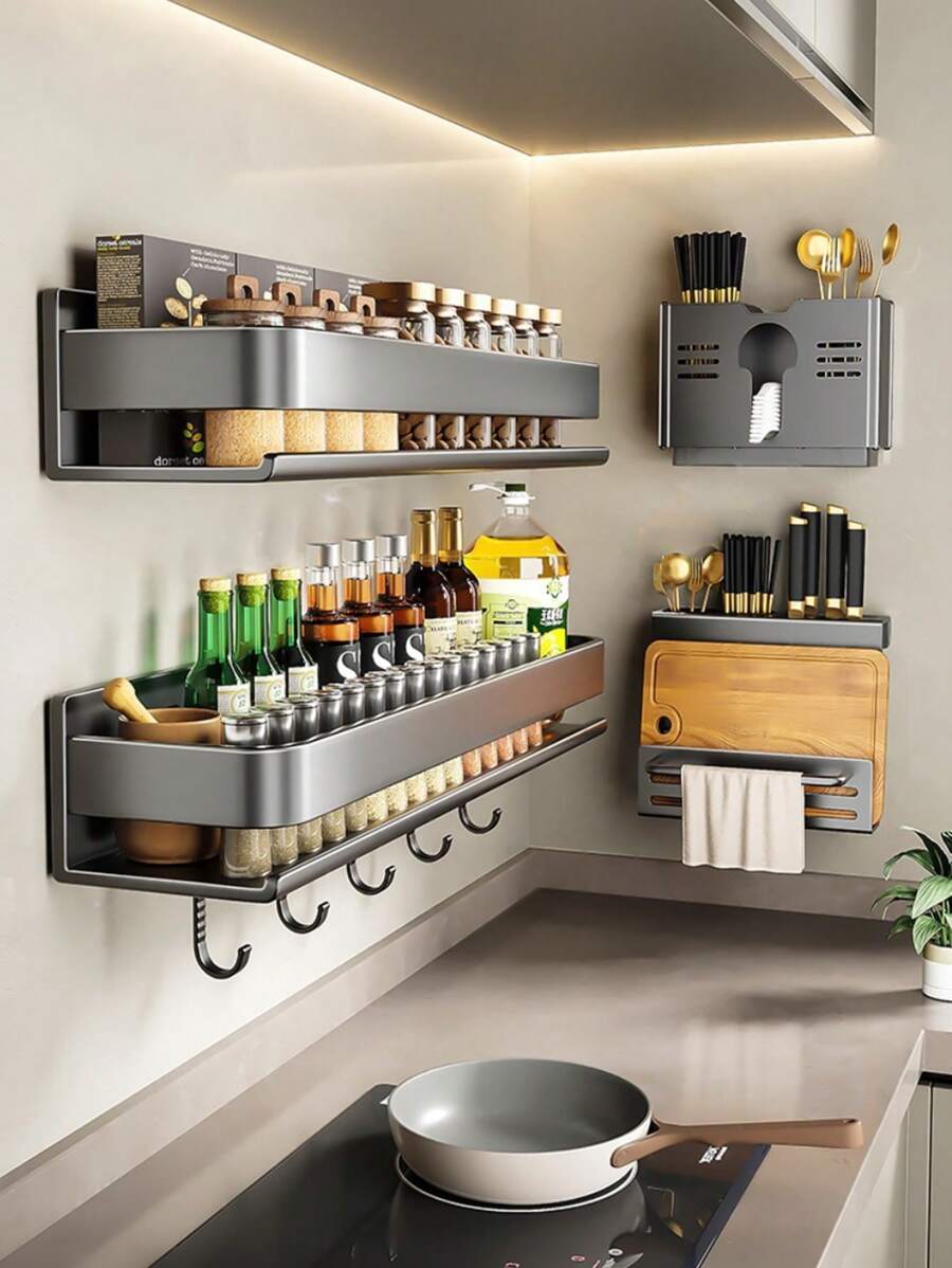 1 件香料架收納架壁掛式、懸掛式灰色香料收納架、農舍調味品收納架、廚房收納架、靈活浴室收納架、家庭廚房配件、烹飪工具