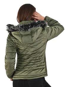 Chamarra Abrigo Rosa Tercio Pelo Para Dama Mujer con Gorro de Peluche Desmontable - Verde militar - Ver 2