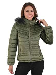 Chamarra Abrigo Rosa Tercio Pelo Para Dama Mujer con Gorro de Peluche Desmontable - Verde militar - Ver 1