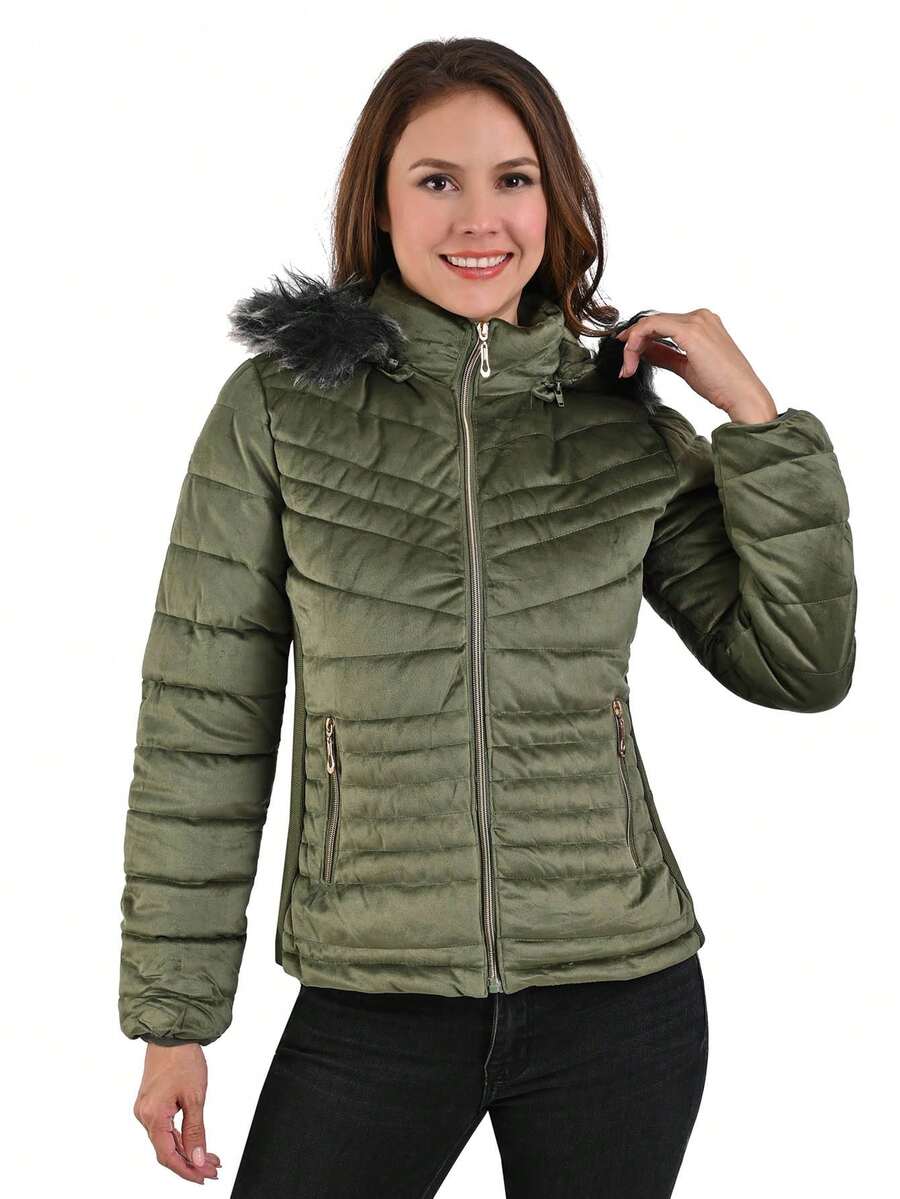 Chamarra Abrigo Rosa Tercio Pelo Para Dama Mujer con Gorro de Peluche Desmontable - Verde militar - Ver 1