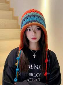 1pc Colorful Handmade Knitted Hat With Earflaps And Ties, Fashionable Korean Designer Style, Warm Winter Cap With Tassels For Both Men And Women Boho - Teal Blue - View 5