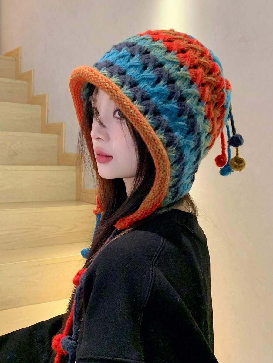1pc Colorful Handmade Knitted Hat With Earflaps And Ties, Fashionable Korean Designer Style, Warm Winter Cap With Tassels For Both Men And Women Boho - Teal Blue - View 1