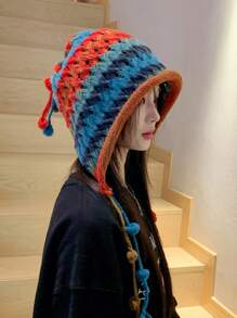 1pc Colorful Handmade Knitted Hat With Earflaps And Ties, Fashionable Korean Designer Style, Warm Winter Cap With Tassels For Both Men And Women Boho - Teal Blue - View 4