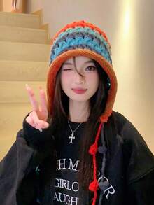 1pc Colorful Handmade Knitted Hat With Earflaps And Ties, Fashionable Korean Designer Style, Warm Winter Cap With Tassels For Both Men And Women Boho - Teal Blue - View 3