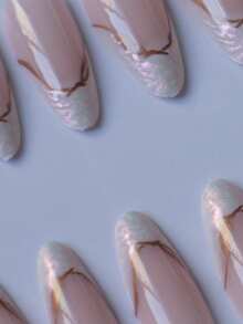 立即使用 24 件杏仁形不对称珠宝浅镀金法式美甲升级您的外观，适合完全覆盖假指甲的女性和女孩 - 彩色 - 查看 3