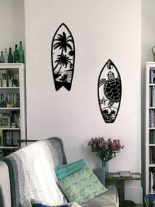 金屬冲浪板壁飾,夏季沿海招牌,熱帶棕櫚樹牆藝術,酒吧裝飾,掛龜子壁飾,海岸門口裝飾(黑色)