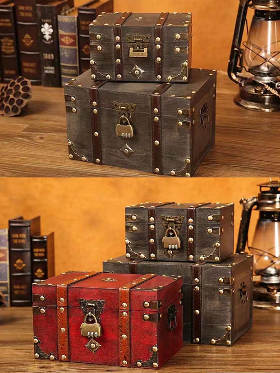 1pc European Retro Style Wooden Square Jewelry Box With Password Lock, Storage Organizer, Craftwork Container And Prop Box Sun Travel Cool Back To School, Room Decor - Dark Grey - View 1