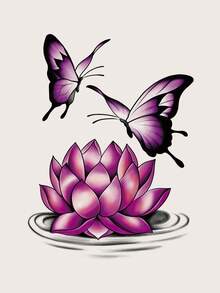 1pc Purple Lotus Flower & Butterfly Pattern Temporary Body Tattoo Sticker For Arm, Chest, Back - Multicolor - View 2