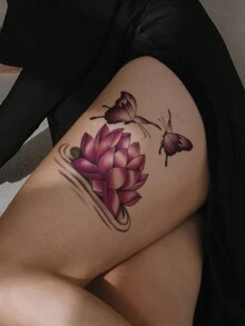 1pc Purple Lotus Flower & Butterfly Pattern Temporary Body Tattoo Sticker For Arm, Chest, Back - Multicolor - View 3