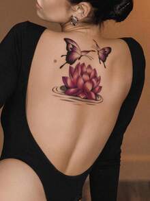 1pc Purple Lotus Flower & Butterfly Pattern Temporary Body Tattoo Sticker For Arm, Chest, Back - Multicolor - View 1