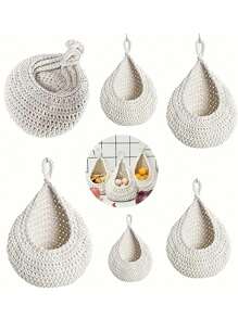 1 pc Chic White Bohemian Wall Hanging Basket - Handmade Rope Woven, Creative Teardrop Shape for Stylish Kitchen Storage of Vegetables and Fruits