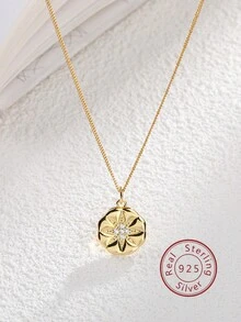 1 條 S925 銀圓形花瓣項鍊吊墜鑽石鎖骨鏈適合女士日常佩戴 - 金黃色 - 查看 1