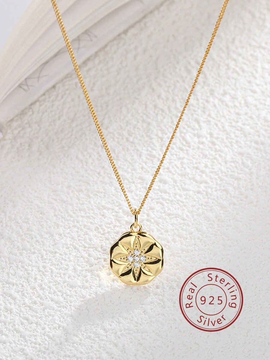 1 條 S925 銀圓形花瓣項鍊吊墜鑽石鎖骨鏈適合女士日常佩戴 - 金黃色 - 查看 1