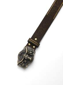 Đồ cổ Bronze Khóa Với Dát Hạt Con bò Đầu Thiết kế Retro Nâu Cowboy Thắt lưng - Cà phê nâu - Xem 3