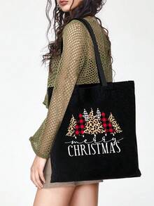 1Pc Extra Large Christmas Canvas Gift Bags, Gift Bags Reusable Shopping Bags have Santa Claus Plaid Merry Christmas ​Pattern of Gift Bag for Christmas Party, Christmas Surprise, Student Canvas Bag Gift for Christmas - Black - View 2