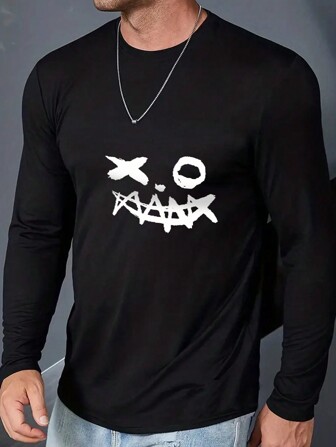 Teenage Boys' Stylish Cartoon Print Crew Neck Long Sleeve T-Shirt