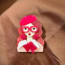 可愛的卡通女孩戴眼鏡亞克力女士胸針背包別針 - 紅色 - 查看 1
