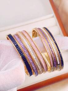 1個女性專用豪華多色立方氧化鋯和鑽石裝飾金色不銹鋼手鍊,多種尺寸和顏色選擇 - 紫色 - 查看 4