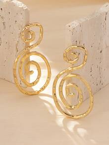 1pair European And American Exaggerated Design Minimalist All-Match Asymmetrical Hollow Out Dangle Earrings - Yellow Gold - View 2