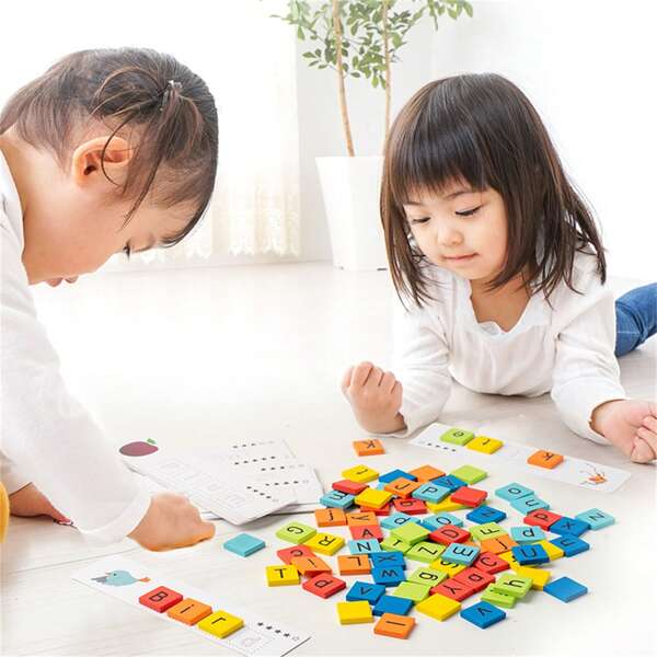 Wooden Reading Blocks Short Vowel Rods Spelling Games, Flash Cards Turning Rotating Letter