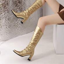 女款新靴後置拉鍊靴粗跟中跟漆皮pu秋冬女靴子