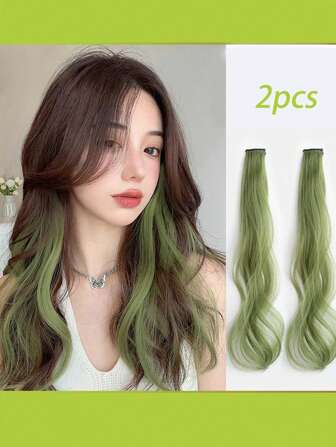 2 件装女士无缝逼真合成接发，绿色渐变色，可裁剪至所需长度，发夹、发爪、发卡，上学用品、假发、女士圣诞装扮、发饰