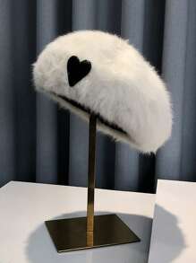 1頂女式時尚貝雷帽,心形裝飾與毛絨襯裡保暖且帶有可愛風格 - 白色 - 查看 1
